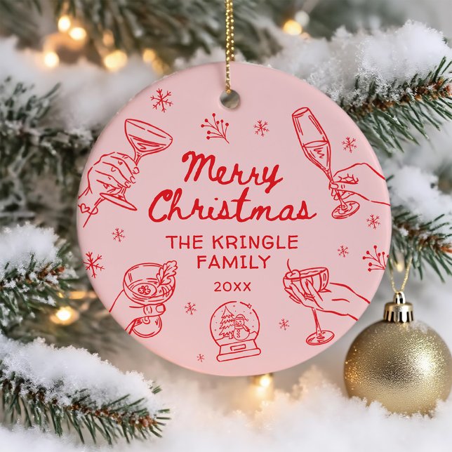Ornamento De Cerâmica Whimsical Hand Drawn Christmas Party  (Criador carregado)