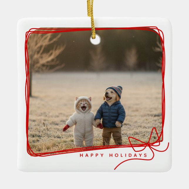 Ornamento De Cerâmica Whimsical Red Ribbon Frame Holiday Photo (Frente)