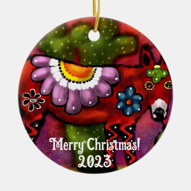 Ornamento De Cerâmica Whimsical Southwest Floral Talavera-Style Donkey (Frente)