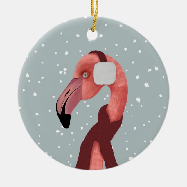 Ornamento De Cerâmica Whimsso Cozy Winter Flamingo Com Scarf (Frente)