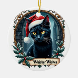 Ornamento De Cerâmica Whisker Wishes - Black Cat Christmas Art Ornament