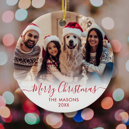 Ornamento De Cerâmica White2 Foto do Script Vermelho Moderno Feliz Natal