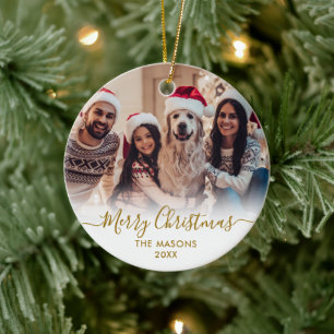 Ornamento De Cerâmica White2 Fotografia Dourada Moderna Feliz Natal