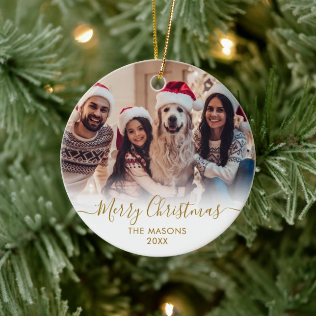 Ornamento De Cerâmica White2 Fotografia Dourada Moderna Feliz Natal (Árvore)