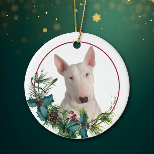 Ornamento De Cerâmica White Bull Terrier Cão Evergreen Berry Wreath