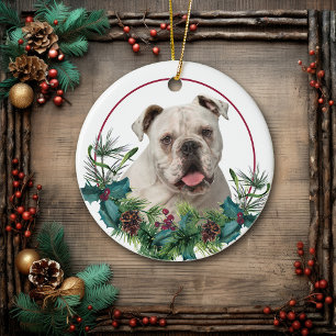 Ornamento De Cerâmica White English Buldogue Evergreen Wreath