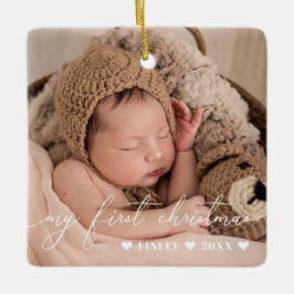 Ornamento De Cerâmica White Overlay Script Baby's First Christmas Photo