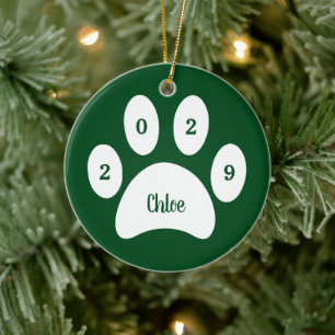 Ornamento De Cerâmica White Paw Imprime Foto de Gato Verde com Nome Ano