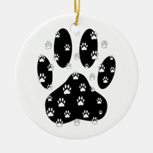 Ornamento De Cerâmica White Paws Na Impressão Da Pata Preta