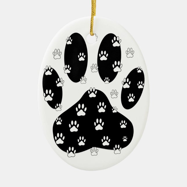 Ornamento De Cerâmica White Paws Na Impressão Da Pata Preta (Frente)