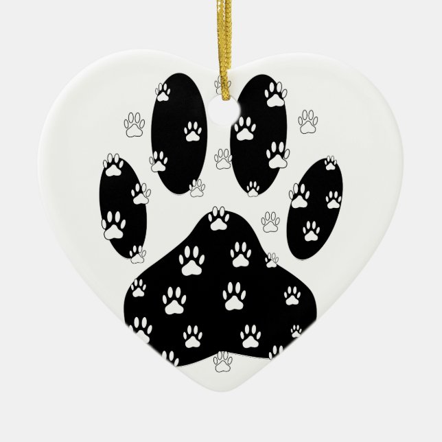 Ornamento De Cerâmica White Paws Na Impressão Da Pata Preta (Frente)