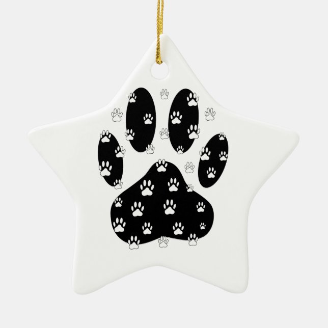 Ornamento De Cerâmica White Paws Na Impressão Da Pata Preta (Frente)