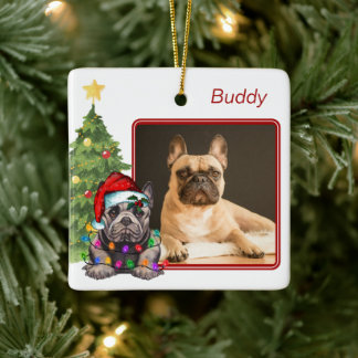 Ornamento De Cerâmica White Red Buldogue Francês Dois Cachorros Fotográf