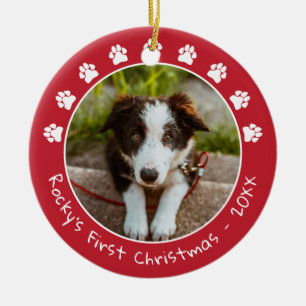 Ornamento De Cerâmica White Red Paw Prints Pet's First Christmas Photo
