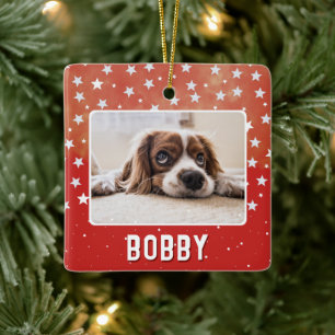 Ornamento De Cerâmica White Stars on Red Pet Photo Name Christmas