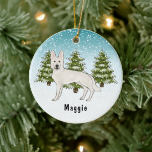 Ornamento De Cerâmica White Swiss Shepherd White GSD Dog Winter Forest
