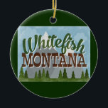 Ornamento De Cerâmica Whitefish Montana Divertimento Retro Montanhas Sno<br><div class="desc">Whitefish Montana neo viagens vintage em diversão estilo retro-cartoon com montanhas com capas de neve,  florestas e árvores abaixo,  céus azuis e texto legal de roteiro retrô.</div>