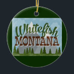 Ornamento De Cerâmica Whitefish Montana Divertimento Retro Montanhas Sno<br><div class="desc">Whitefish Montana neo viagens vintage em diversão estilo retro-cartoon com montanhas com capas de neve,  florestas e árvores abaixo,  céus azuis e texto legal de roteiro retrô.</div>