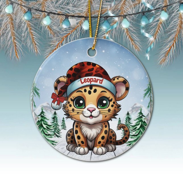 Ornamento De Cerâmica Wild Feline Lovers Woodland Wildlife Kitten 🐆🐈🐾 (Custom Name Leopard Christmas Ornament Personalizable Cat Xmas Decor Kitty Holiday Decoration 🐆🎄)