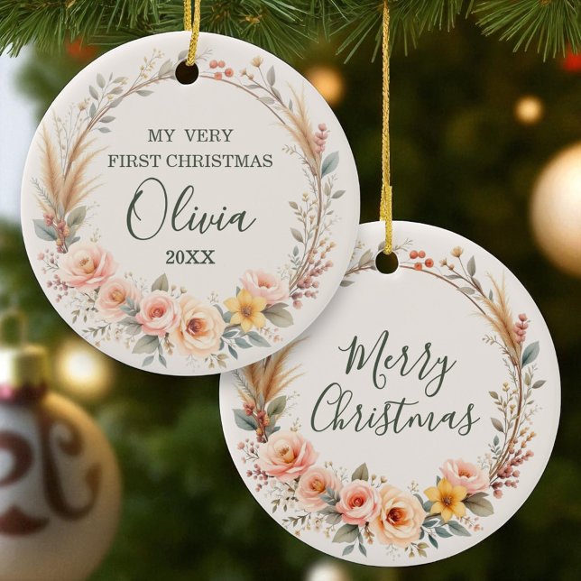 Ornamento De Cerâmica Wildflower Boho Baby Primeiro Natal Personalize (Criador carregado)