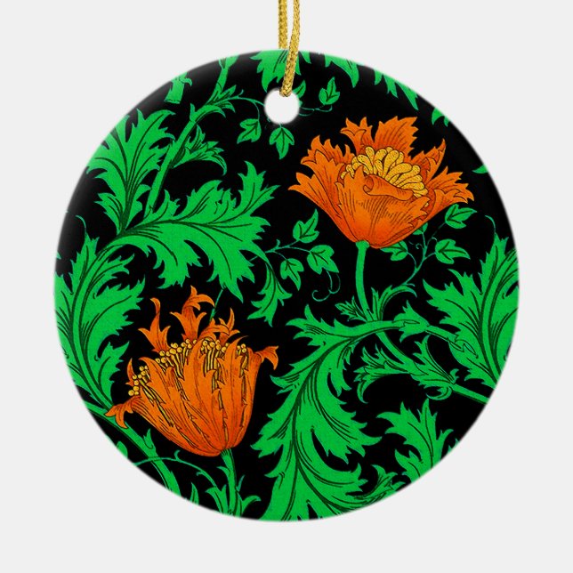 Ornamento De Cerâmica William Morris Anemone, Laranja, Verde e Preto (Frente)