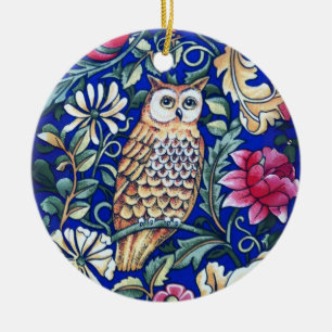 Ornamento De Cerâmica William Morris Owl Tapeçaria, Beige e Blue Round