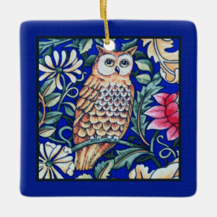 Ornamento De Cerâmica William Morris Owl Tapeçaria, Beige e Cobalto Blue