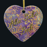 Ornamento De Cerâmica Winter Batik<br><div class="desc">Ornamento cerâmico em forma de coração com uma imagem, em ambos os lados, de púrpura, ouro e batik azul com padrão foliar. "Aku Suka Bali" (Eu amo Bali em Balinês) é impresso na frente em um roteiro dourado. Ver ornamento cerâmico em forma de t-shirt correspondente. Veja toda a coleção do...</div>