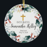 Ornamento De Cerâmica Winter Berry Wreath Personalizado Girl Baptism<br><div class="desc">Ornamento de Batismo de Menina Personalizada</div>