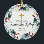Ornamento De Cerâmica Winter Berry Wreath Personalizado Girl Baptism<br><div class="desc">Ornamento de Batismo de Menina Personalizada</div>
