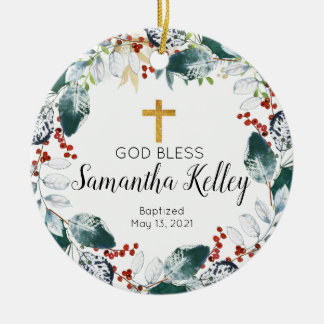 Ornamento De Cerâmica Winter Berry Wreath Personalizado Girl Baptism