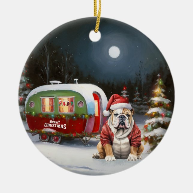 Ornamento De Cerâmica Winter Bulldog Caravan Christmas Adventure (Frente)