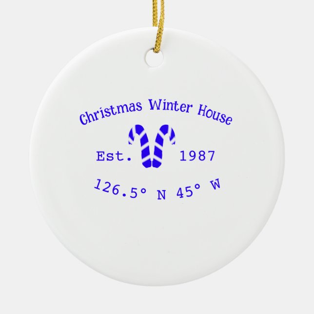 Ornamento De Cerâmica Winter Christmas house blue candy canes est. Year  (Frente)