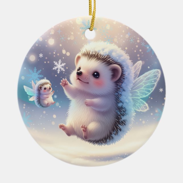 Ornamento De Cerâmica Winter Fairy Hedgehogs  – Cute Snowflake  (Frente)