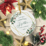 Ornamento De Cerâmica Winter Greenery Nosso Primeiro Natal Juntos<br><div class="desc">Silêncio de inverno Nosso Primeiro Natal Junto Com Ornamento Cerâmico</div>