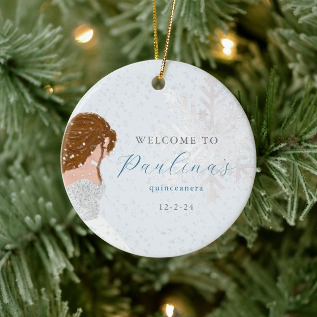 Ornamento De Cerâmica Winter Mis Quince 15 Birthday Quinceañera Photo (Árvore)