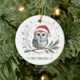 Ornamento De Cerâmica Winter Owl First Christmas Keepsake Photo