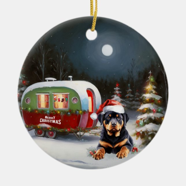 Ornamento De Cerâmica Winter Rottweiler Caravan Christmas Adventure (Frente)
