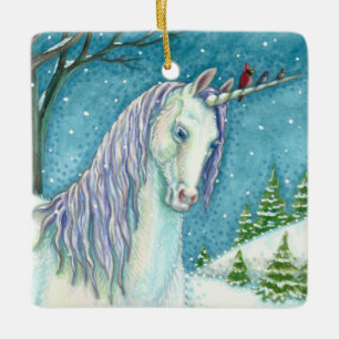ORNAMENTO DE CERÂMICA WINTER UNICORN E AVES, FANTASIA PACÍFICA DA NEVE