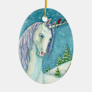 ORNAMENTO DE CERÂMICA WINTER UNICORN E AVES, PAISAGEM DE NEVE PACÍFICA