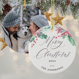 Ornamento De Cerâmica Winter Watercolor Botanicals Foto Feliz Natal