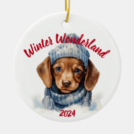 Ornamento De Cerâmica Winter Wonderland Dachshund: Aquarela