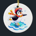 Ornamento De Cerâmica Winter Wonderland Penguin<br><div class="desc">Este pinguim adorável está tendo um patinador de gelo! Perfeito por adicionar um toque de diversão de inverno ao seu decoro de férias. Este design bonitinho e alegre traz um sorriso à sua cara.</div>