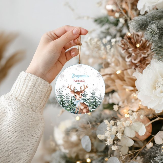 Ornamento De Cerâmica Winter Woodland Animal Baby First birthday  (Criador carregado)