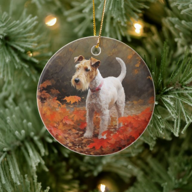 Ornamento De Cerâmica Wirefox Terrier no outono deixa cair inspiração (Árvore)