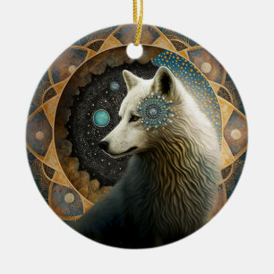 Ornamento De Cerâmica Wolf Mandala Branco