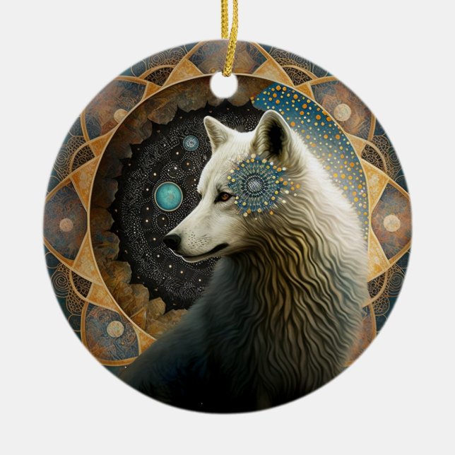 Ornamento De Cerâmica Wolf Mandala Branco (Frente)