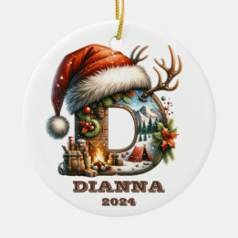 Ornamento De Cerâmica Wonderland de inverno - Letra D Santa Hat e Campfi
