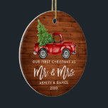 Ornamento De Cerâmica Wood Brush Script First Christmas Truck FOTO VOLTA<br><div class="desc">Rustic Wood Modern Brush Escreve Nosso Primeiro Natal Como Sr. e Sra. - Watercolor Vintage Red Truck Ornament - Fotografia Back</div>