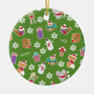 Ornamento De Cerâmica Woodland Animal Pattern Green Merry Christmas